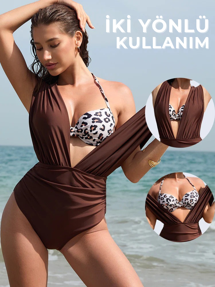 Derin Dekolteli Boyundan Bağlamalı İki Parça Bikini Seti