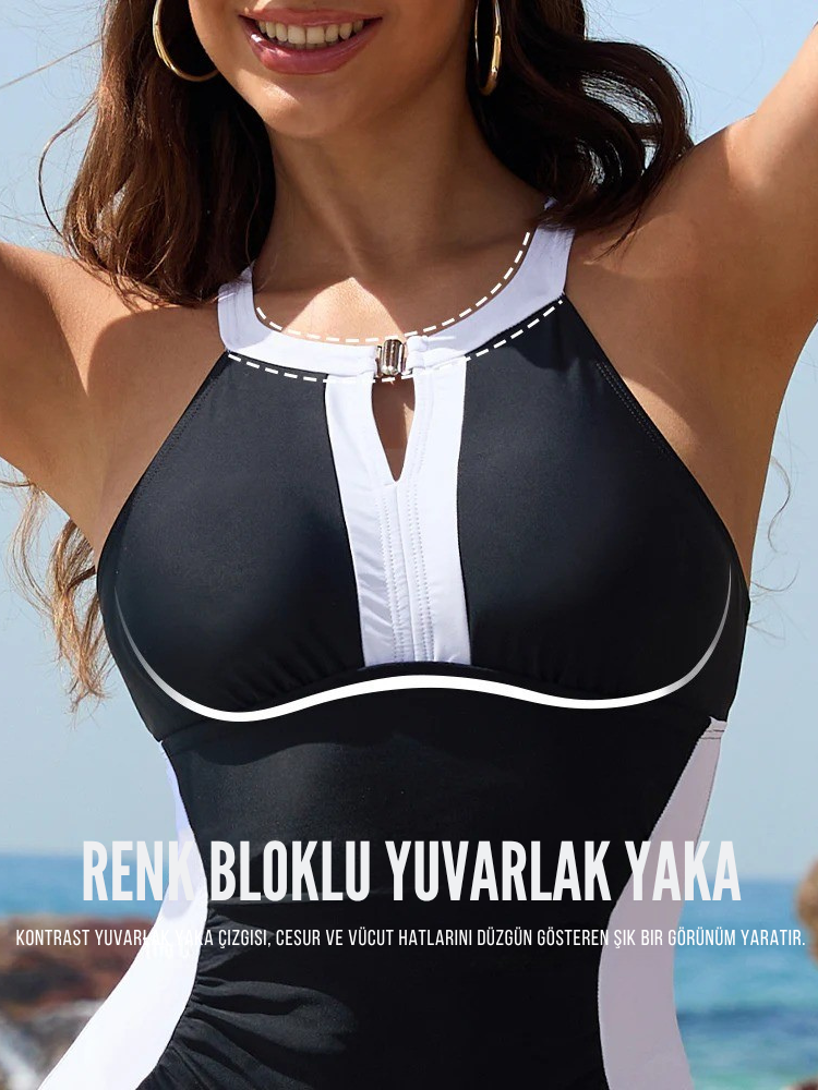 Retro Tasarım Renk Bloklu Tam Kapatıcı Mayo