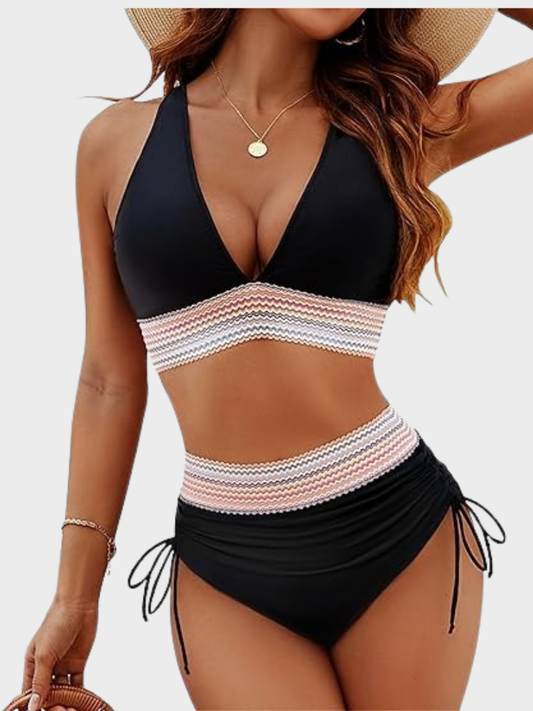 Yüksek Bel Toparlayıcı Renk Bloklu Bikini Takımı