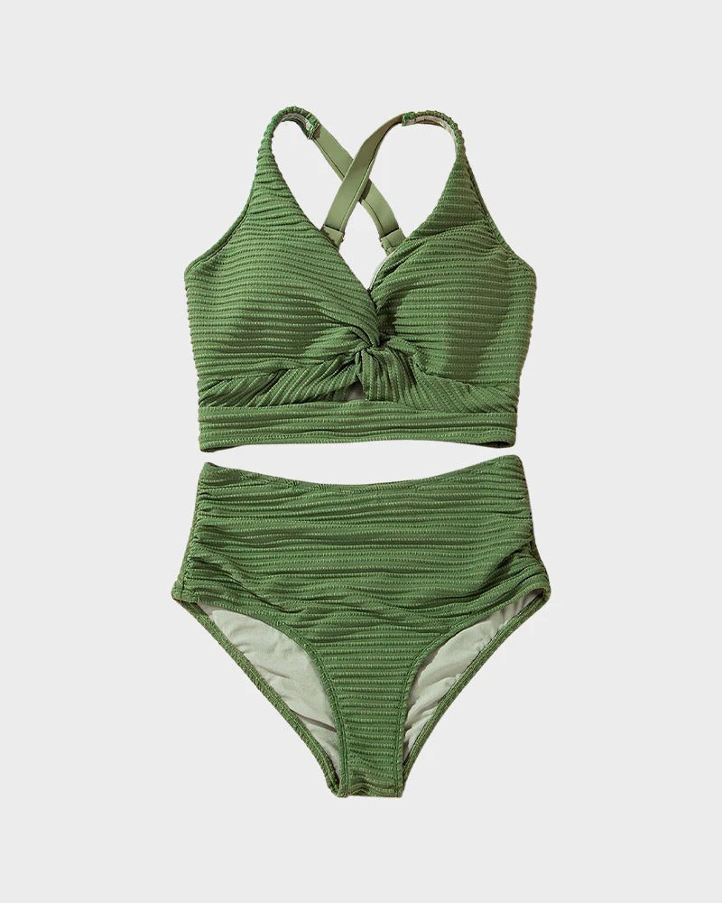 Dokulu Önü Bağlamalı Yüksek Bel Bikini Takımı