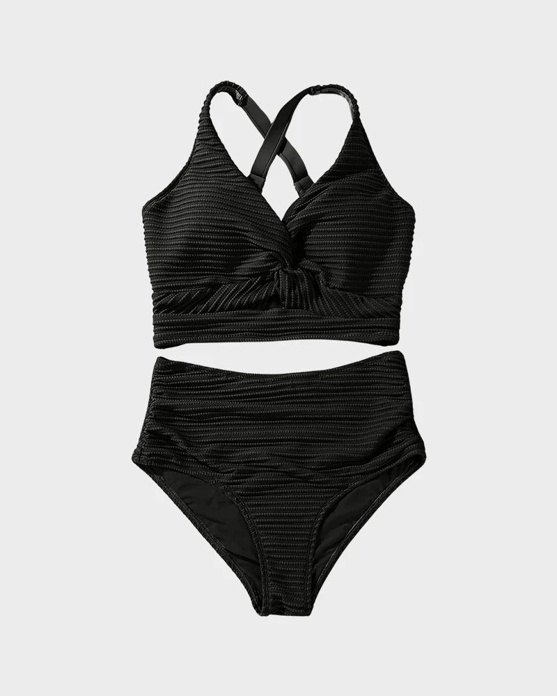 Dokulu Önü Bağlamalı Yüksek Bel Bikini Takımı