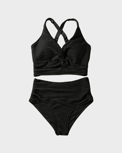 Dokulu Önü Bağlamalı Yüksek Bel Bikini Takımı