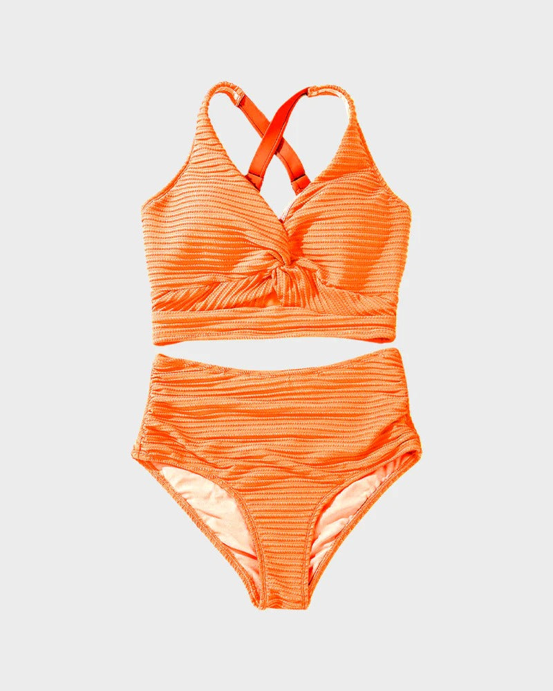 Dokulu Önü Bağlamalı Yüksek Bel Bikini Takımı